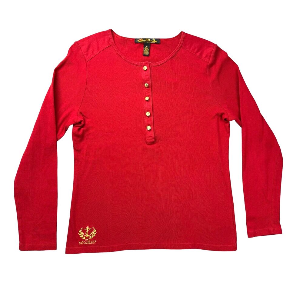 Lauren Ralph Lauren Top Women's Medium Red Nautical 1/2 Button Down Long Sleeve